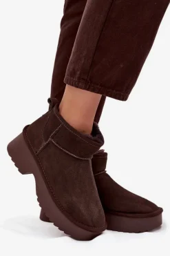 New Boto Śniegowce Damskie Z Naturalnego Zamszu Ocieplane Futerkiem Czekoladowe Milora Brązowy
