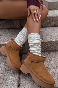 Hot Śniegowce Damskie Z Naturalnego Zamszu Ocieplane Futerkiem Camel Milora Damskie Śniegowce Damskie