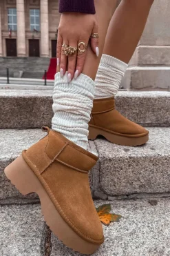 Hot Śniegowce Damskie Z Naturalnego Zamszu Ocieplane Futerkiem Camel Milora Damskie Śniegowce Damskie