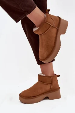 Hot Śniegowce Damskie Z Naturalnego Zamszu Ocieplane Futerkiem Camel Milora Damskie Śniegowce Damskie