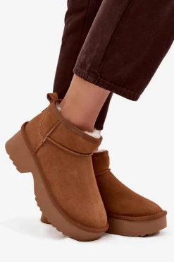 Hot Śniegowce Damskie Z Naturalnego Zamszu Ocieplane Futerkiem Camel Milora Damskie Śniegowce Damskie