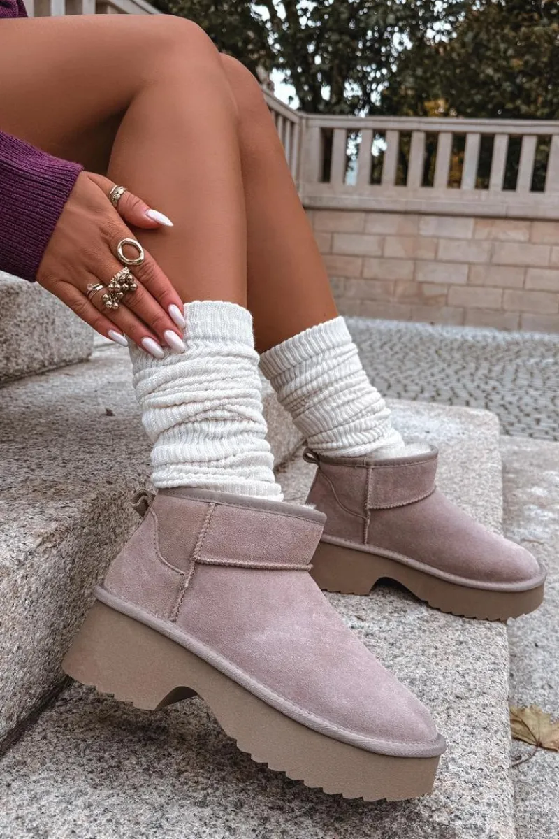 Śniegowce Damskie>Boto Śniegowce Damskie Z Naturalnego Zamszu Ocieplane Futerkiem Khaki Milora Beżowy