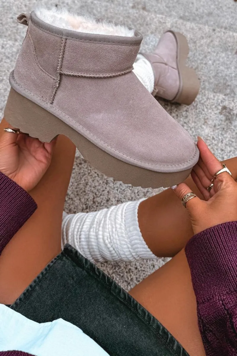 Śniegowce Damskie>Boto Śniegowce Damskie Z Naturalnego Zamszu Ocieplane Futerkiem Khaki Milora Beżowy