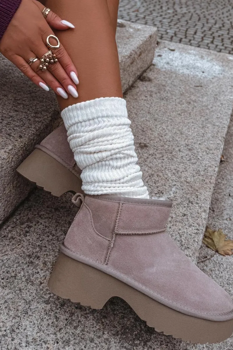 Śniegowce Damskie>Boto Śniegowce Damskie Z Naturalnego Zamszu Ocieplane Futerkiem Khaki Milora Beżowy