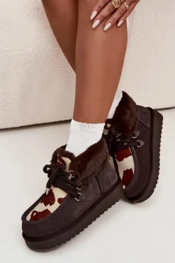 Clearance D.Franklin Śniegowce Damskie Z Naturalnego Zamszu Łaty DFSH375008 Czekoladowe