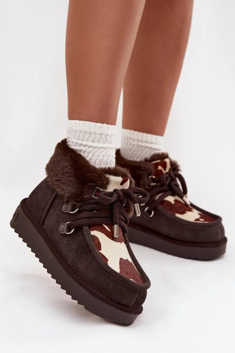 Clearance D.Franklin Śniegowce Damskie Z Naturalnego Zamszu Łaty DFSH375008 Czekoladowe