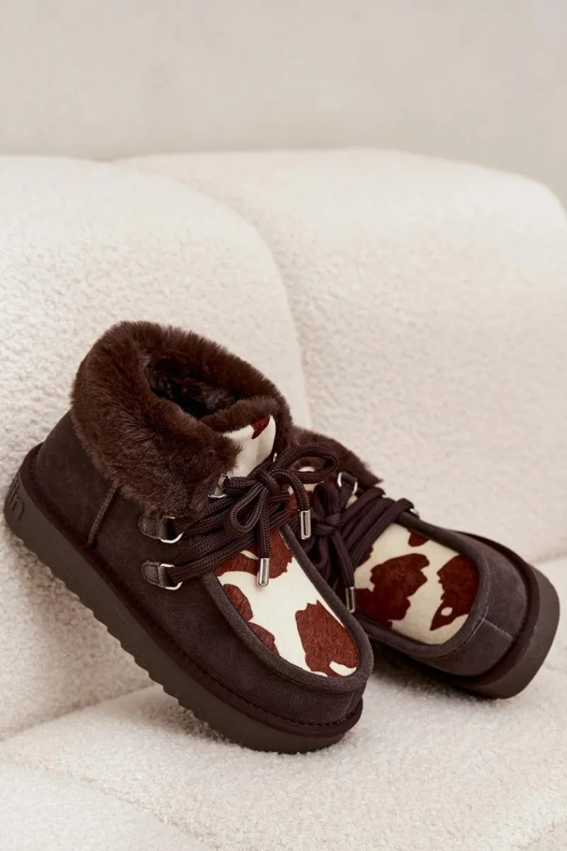 Clearance D.Franklin Śniegowce Damskie Z Naturalnego Zamszu Łaty DFSH375008 Czekoladowe