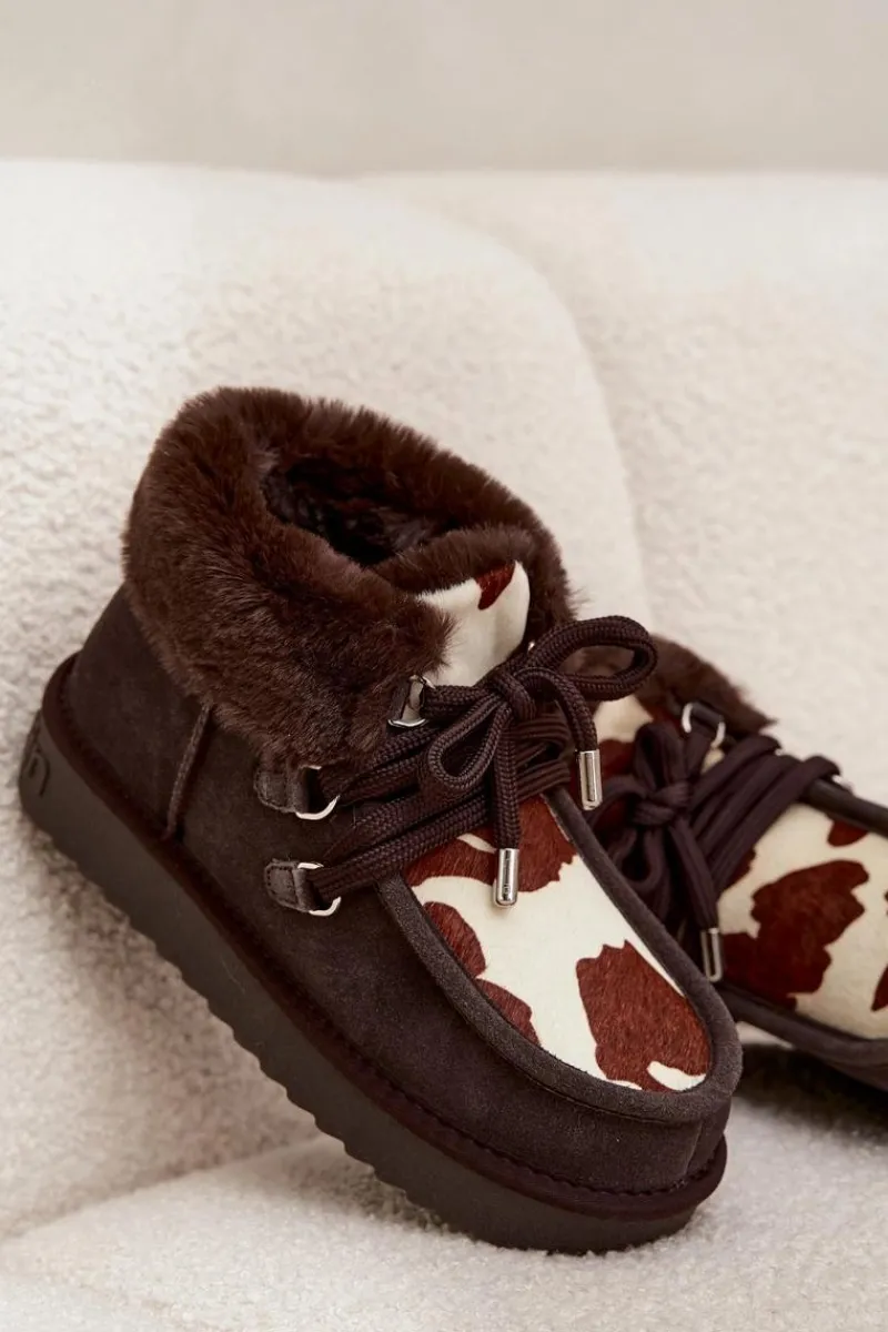 Clearance D.Franklin Śniegowce Damskie Z Naturalnego Zamszu Łaty DFSH375008 Czekoladowe