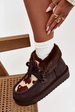 Clearance D.Franklin Śniegowce Damskie Z Naturalnego Zamszu Łaty DFSH375008 Czekoladowe