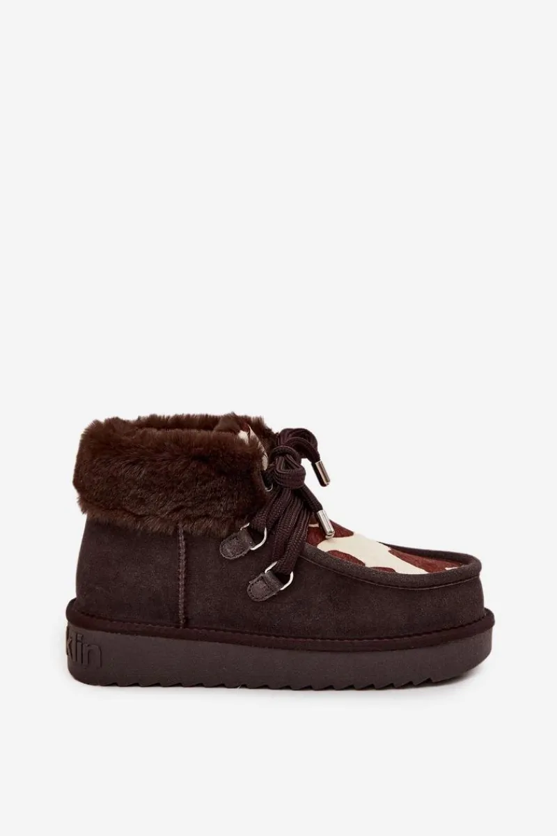 Clearance D.Franklin Śniegowce Damskie Z Naturalnego Zamszu Łaty DFSH375008 Czekoladowe