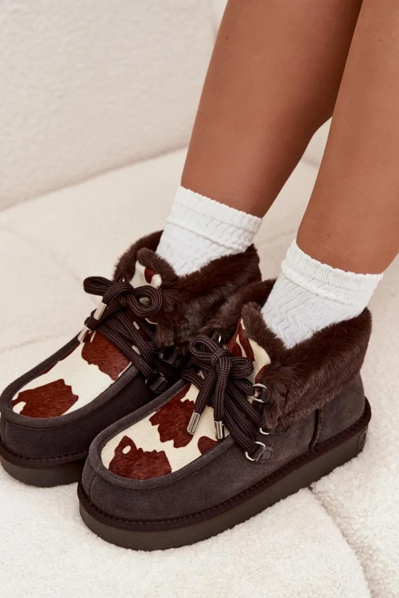 Clearance D.Franklin Śniegowce Damskie Z Naturalnego Zamszu Łaty DFSH375008 Czekoladowe