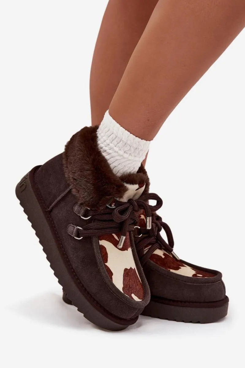 Clearance D.Franklin Śniegowce Damskie Z Naturalnego Zamszu Łaty DFSH375008 Czekoladowe