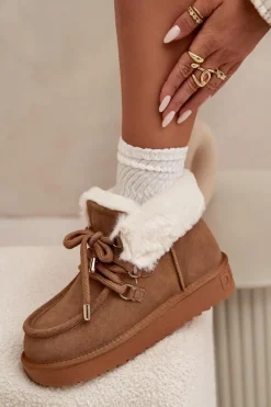 Śniegowce Damskie></noscript>D.Franklin Śniegowce Damskie Z Naturalnego Zamszu DFSH375006 Camel Brązowy