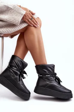 Sale Śniegowce Damskie Z Ozdobnym Wiązaniem Czarne Siracna Damskie Śniegowce Damskie