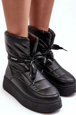 Sale Śniegowce Damskie Z Ozdobnym Wiązaniem Czarne Siracna Damskie Śniegowce Damskie