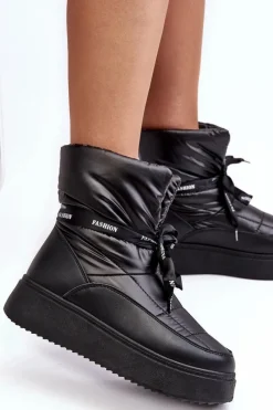 Sale Śniegowce Damskie Z Ozdobnym Wiązaniem Czarne Siracna Damskie Śniegowce Damskie