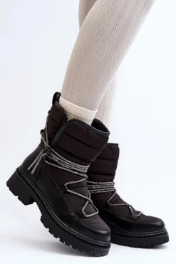 Discount Śniegowce Damskie Z Ozdobnym Wiązaniem Czarne Rilana Damskie Śniegowce Damskie