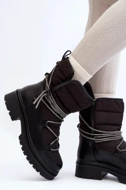 Discount Śniegowce Damskie Z Ozdobnym Wiązaniem Czarne Rilana Damskie Śniegowce Damskie