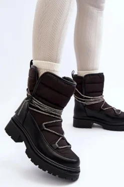 Discount Śniegowce Damskie Z Ozdobnym Wiązaniem Czarne Rilana Damskie Śniegowce Damskie