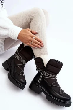 Discount Śniegowce Damskie Z Ozdobnym Wiązaniem Czarne Rilana Damskie Śniegowce Damskie