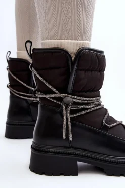 Discount Śniegowce Damskie Z Ozdobnym Wiązaniem Czarne Rilana Damskie Śniegowce Damskie