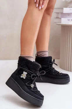 Boto Śniegowce Damskie Z Przypinkami I Futerkiem Typu Baranek Czarne Almatiza