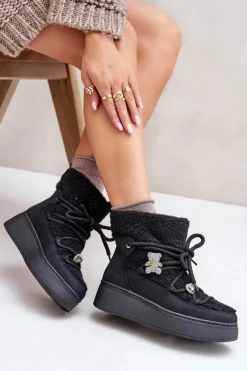 Boto Śniegowce Damskie Z Przypinkami I Futerkiem Typu Baranek Czarne Almatiza