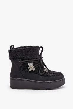 Boto Śniegowce Damskie Z Przypinkami I Futerkiem Typu Baranek Czarne Almatiza