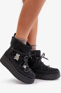 Boto Śniegowce Damskie Z Przypinkami I Futerkiem Typu Baranek Czarne Almatiza