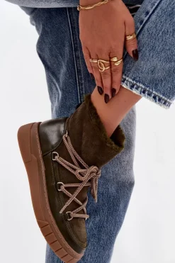 Boto Śniegowce Damskie Z Wiązaniem Ciemnozielone Isalisse Zielony