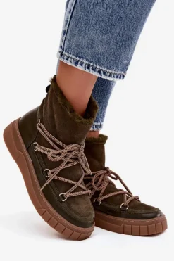 Boto Śniegowce Damskie Z Wiązaniem Ciemnozielone Isalisse Zielony