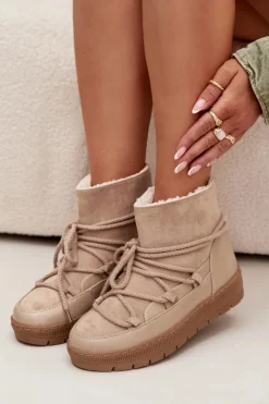 Sale Boto Śniegowce Damskie Z Wiązaniem Beżowe Rebekah