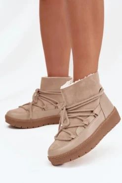 Sale Boto Śniegowce Damskie Z Wiązaniem Beżowe Rebekah