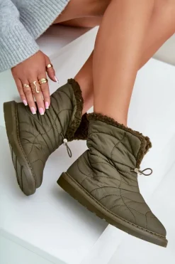 Best Boto Śniegowce Damskie Ze Ściągaczem Ocieplane Futerkiem Typu Baranek Ciemnozielone Vamidra