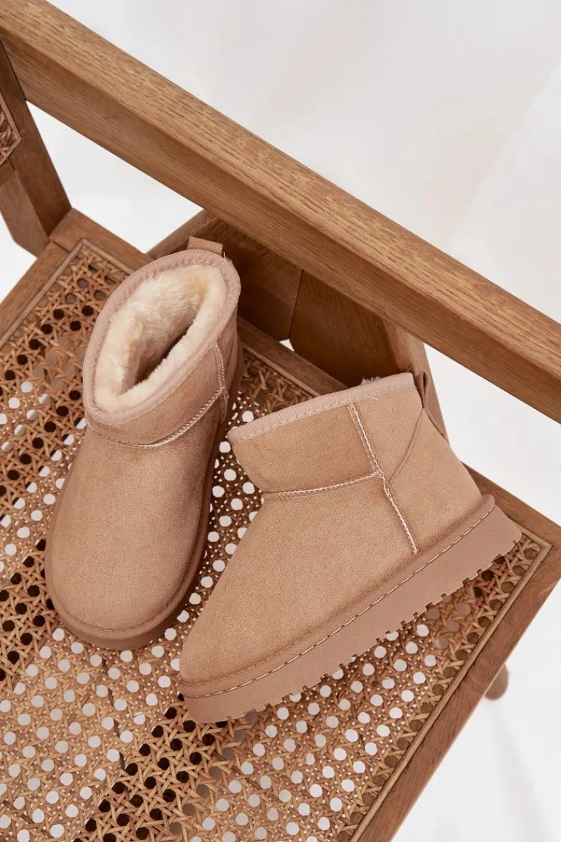 New Boto Śniegowce Dziecięce Młodzieżowe Ocieplane Futerkiem Beżowe Mireya