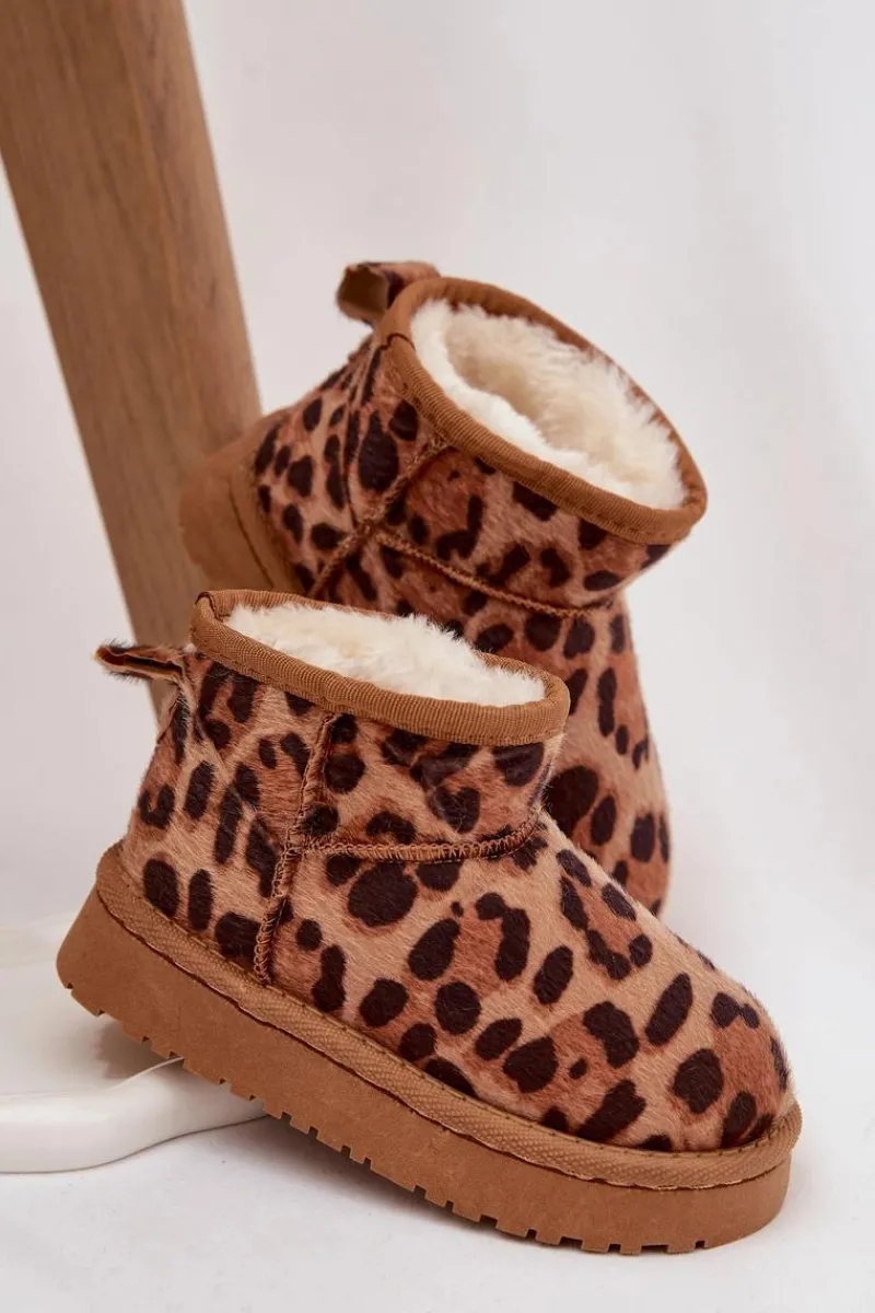 Clearance Boto Śniegowce Dziecięce Młodzieżowe Ocieplane Futerkiem Panterka Brązowe Mireya Brązowy