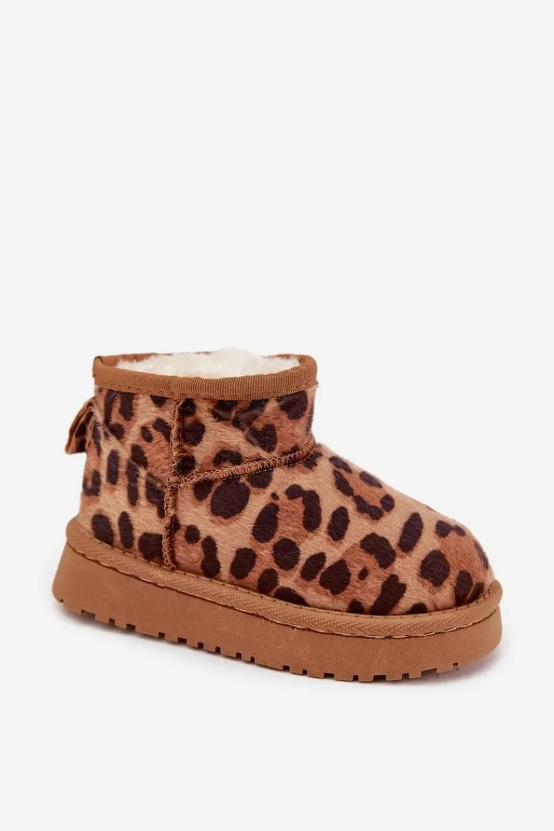 Clearance Boto Śniegowce Dziecięce Młodzieżowe Ocieplane Futerkiem Panterka Brązowe Mireya Brązowy