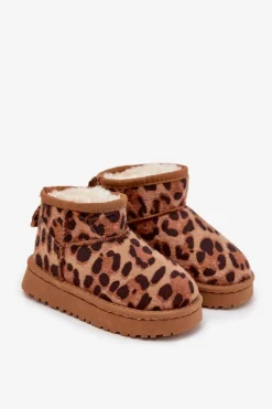 Clearance Boto Śniegowce Dziecięce Młodzieżowe Ocieplane Futerkiem Panterka Brązowe Mireya Brązowy