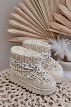 Best Śniegowce Dziecięce Ocieplane Grubym Futerkiem Jasnobeżowe Nastira Dzieci Dziewczęce|Chłopięce