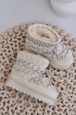 Best Śniegowce Dziecięce Ocieplane Grubym Futerkiem Jasnobeżowe Nastira Dzieci Dziewczęce|Chłopięce