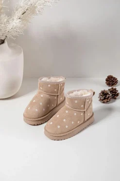 Outlet Boto Śniegowce Dziecięce Ozdobione Kwiatuszkami Beżowe Gracina Beżowy