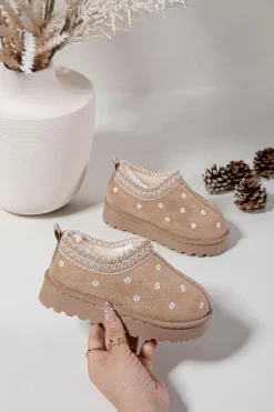 Dziewczęce>Boto Śniegowce Dziecięce Z Kwiatuszkami Ocieplane Futerkiem Beżowe Palina