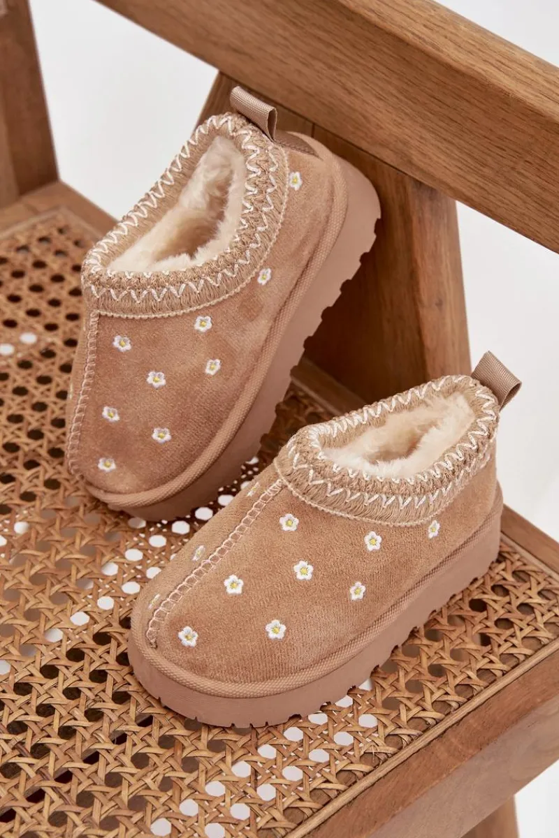 Dziewczęce>Boto Śniegowce Dziecięce Z Kwiatuszkami Ocieplane Futerkiem Beżowe Palina