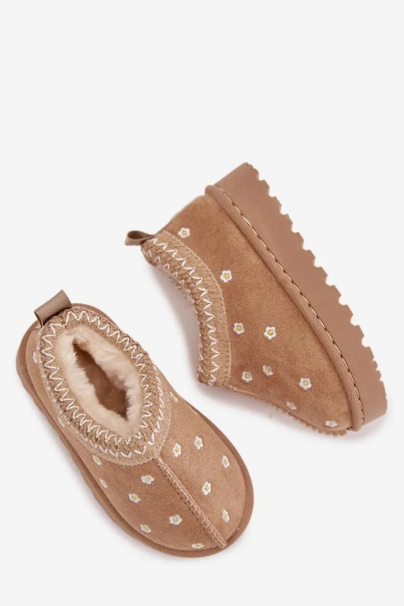 Dziewczęce>Boto Śniegowce Dziecięce Z Kwiatuszkami Ocieplane Futerkiem Beżowe Palina