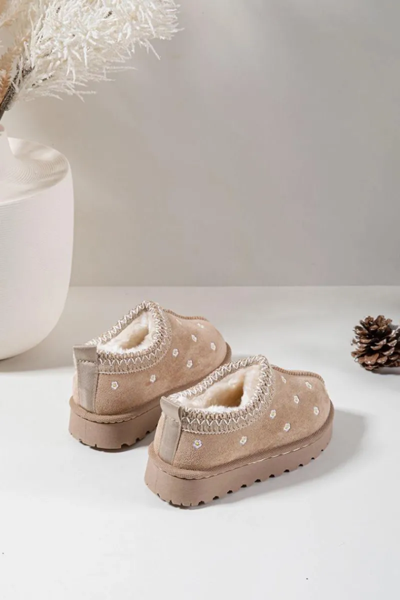 Dziewczęce>Boto Śniegowce Dziecięce Z Kwiatuszkami Ocieplane Futerkiem Beżowe Palina