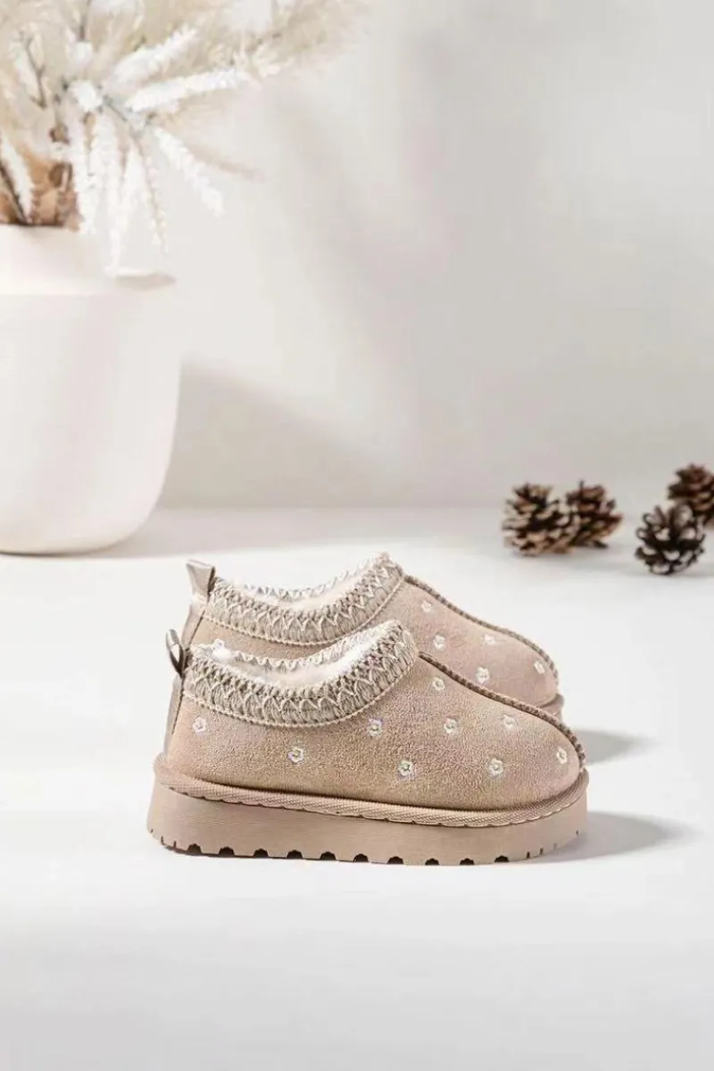 Dziewczęce>Boto Śniegowce Dziecięce Z Kwiatuszkami Ocieplane Futerkiem Beżowe Palina