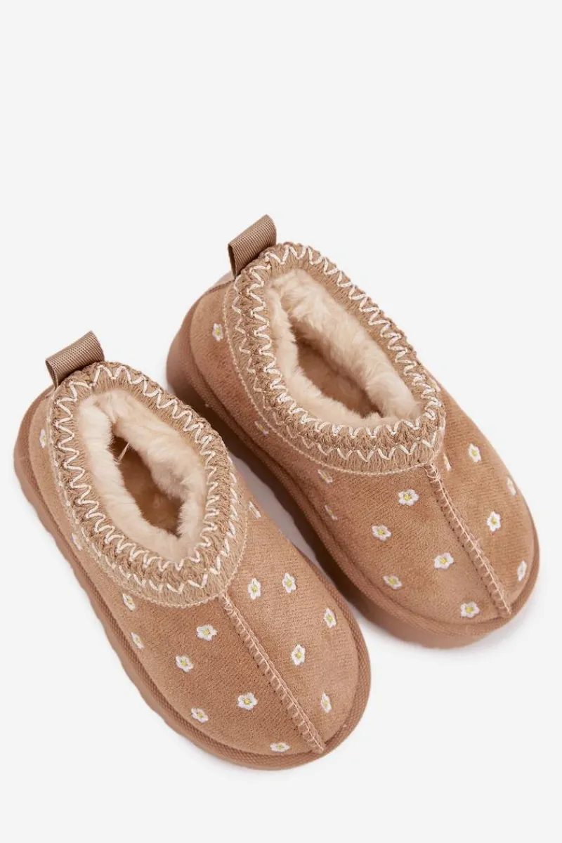 Dziewczęce>Boto Śniegowce Dziecięce Z Kwiatuszkami Ocieplane Futerkiem Beżowe Palina