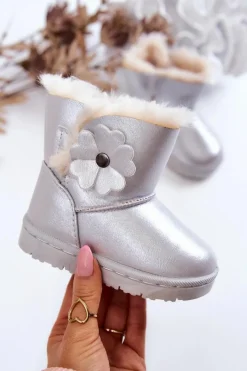 New Boto Śniegowce Dziecięce Z Kwiatkiem Srebrne Bianca
