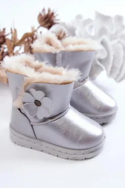 New Boto Śniegowce Dziecięce Z Kwiatkiem Srebrne Bianca
