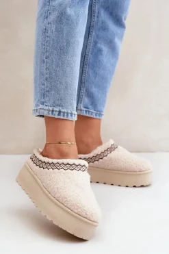 Best Boto Śniegowce Kapcie Na Platformie Z Futerkiem Typu Baranek Jasnobeżowe Leaniella